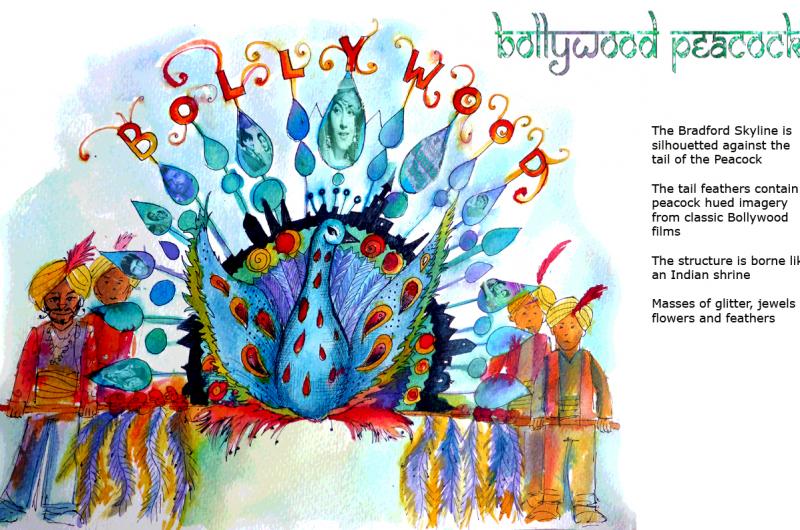 Our frequent collaborator, artist Morwenna Catt, designed some fabulous floats inspired by Bollywood imagery in 2014.