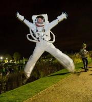 The Bouncing Spaceman bounced on Bonfire Night - gravity disappeared and he floated and moonwalked across the firework-filled sky!